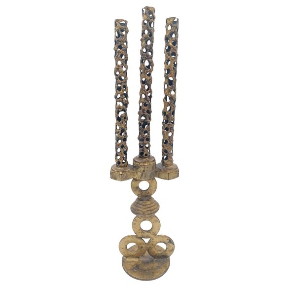 Vintage Gothic Brutalist Steampunk 3 Candle Metal Candelabra Pierced Design 16" - Picture 1 of 12